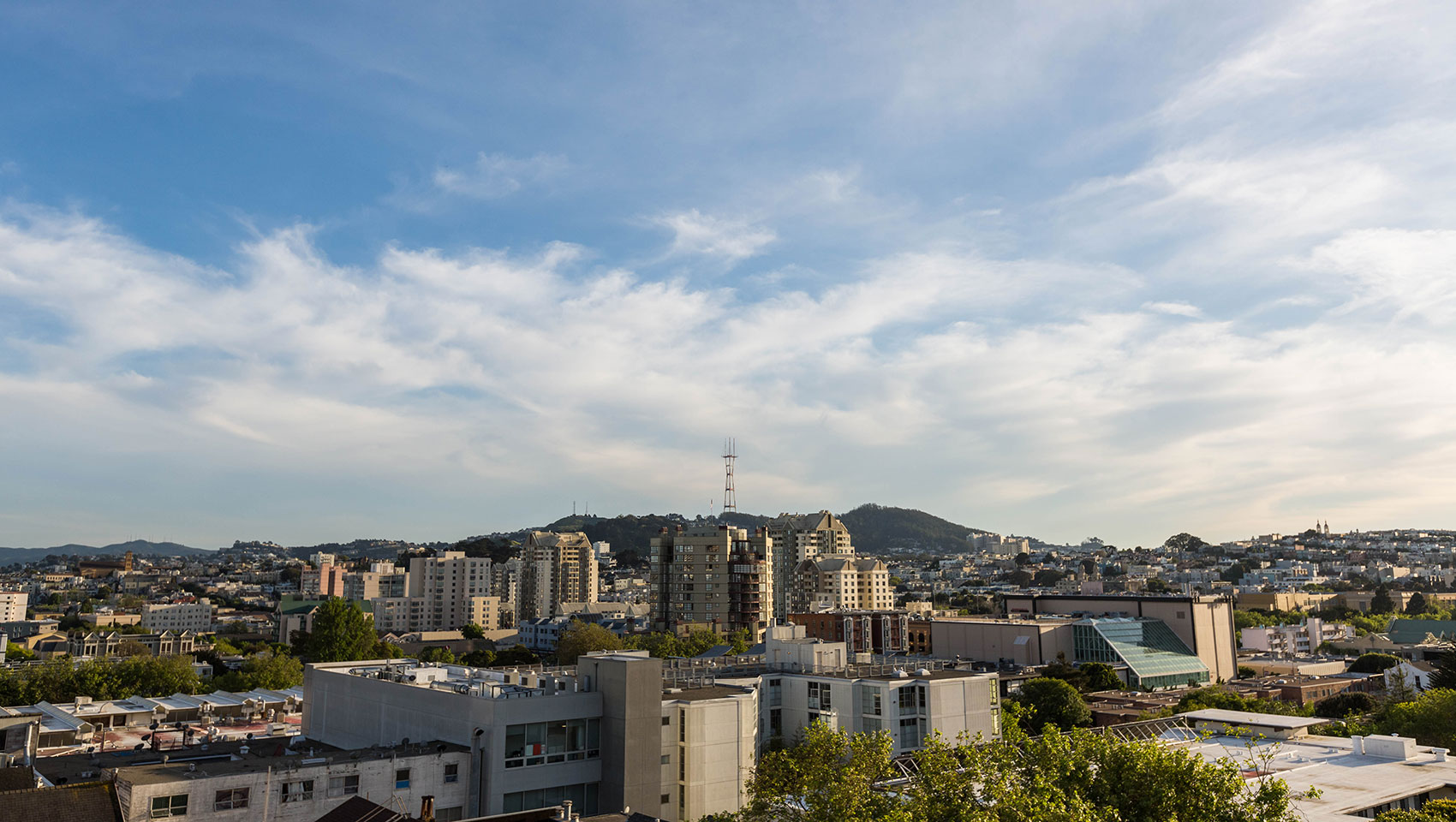 city view with twin peaks in background